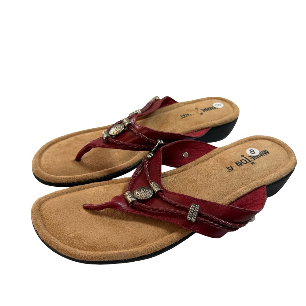 Minnetonka‎ Red Women's Flip Flop Sandals Silver Western Native American Accents